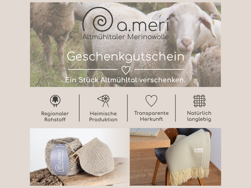 Bild eines Gutscheins von ameri (abgebildet sich Schafe im Hintergrund, zwei Produktbilder, das Logo und der Schriftzug 'Gutschein')
