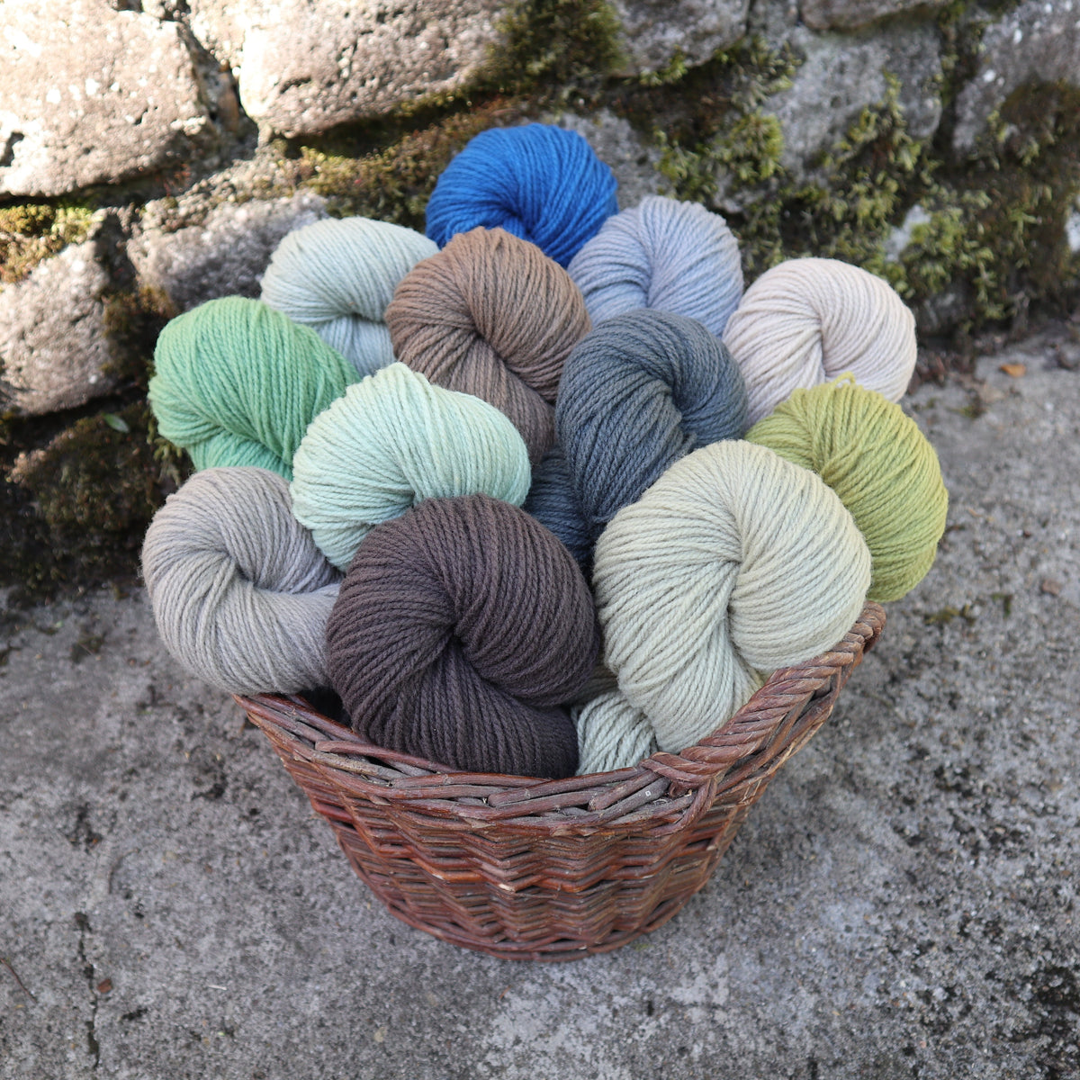 Weidenkorb mit allen je einem Strickgarn je Farbe